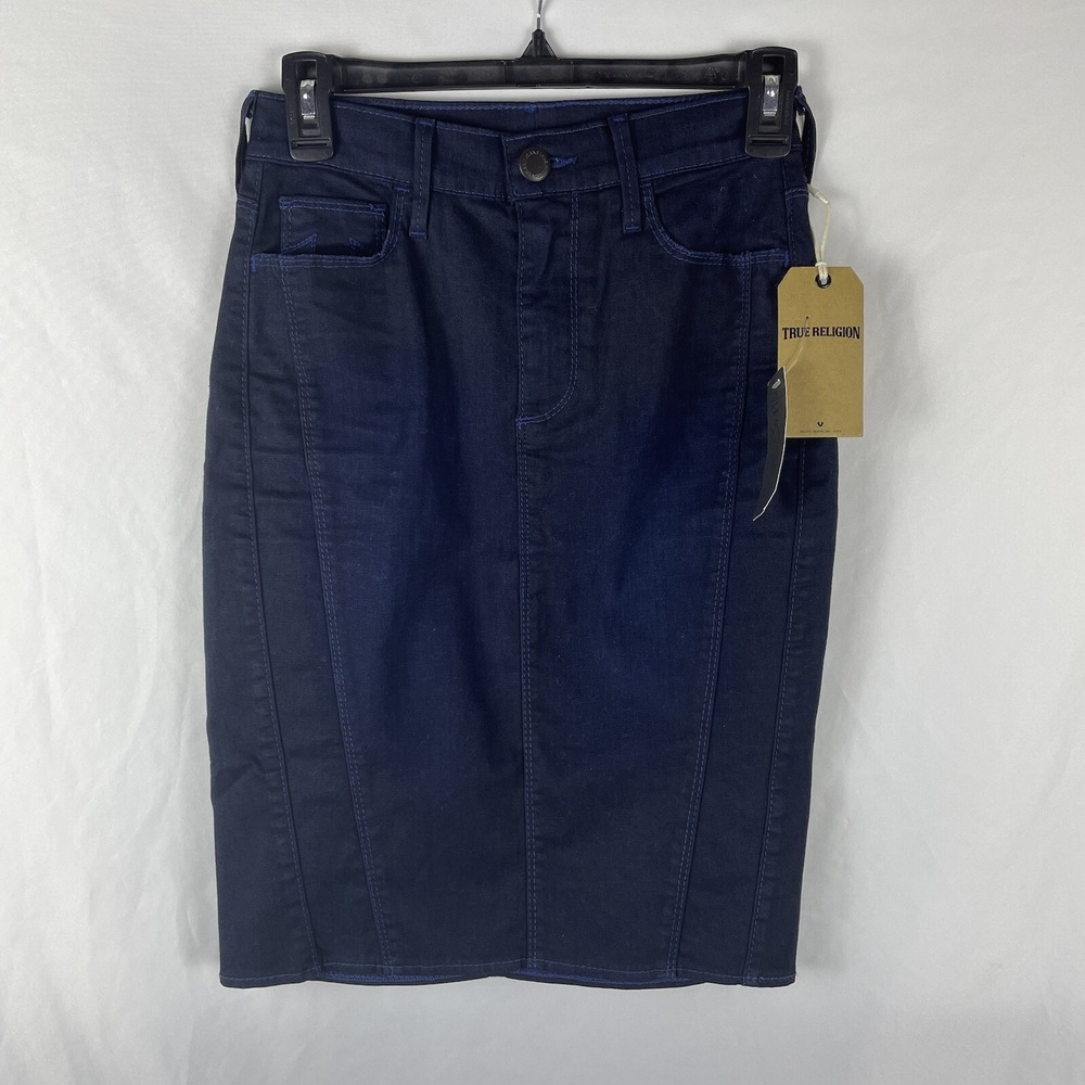 True Religion Chloe Skirt Womens 26 Pencil Restless Night Blue Denim Midi NWT